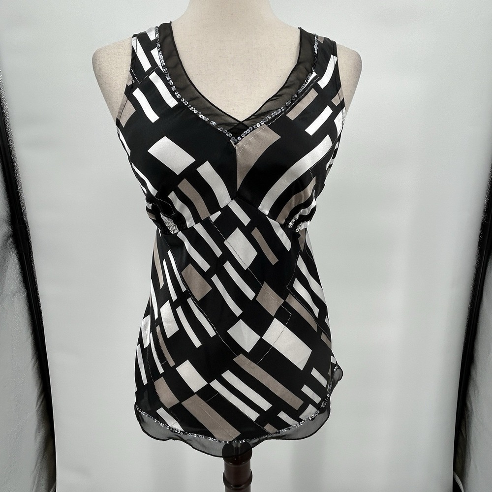 Essentials by Milano Womens Y2K Satin V Neck Babydoll Top Size S Black Sequin